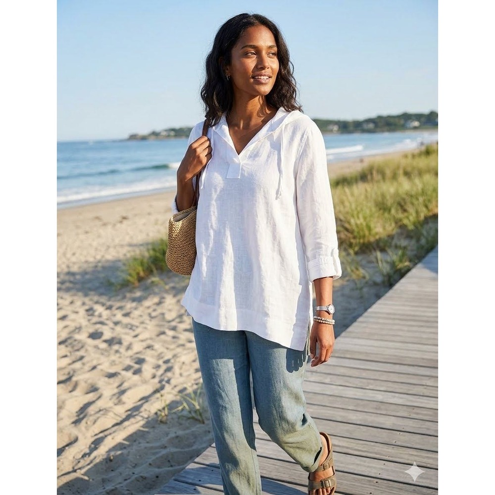LL Bean Women White 100% Linen Hooded Pullover Long Sleeve Shirt  L REG